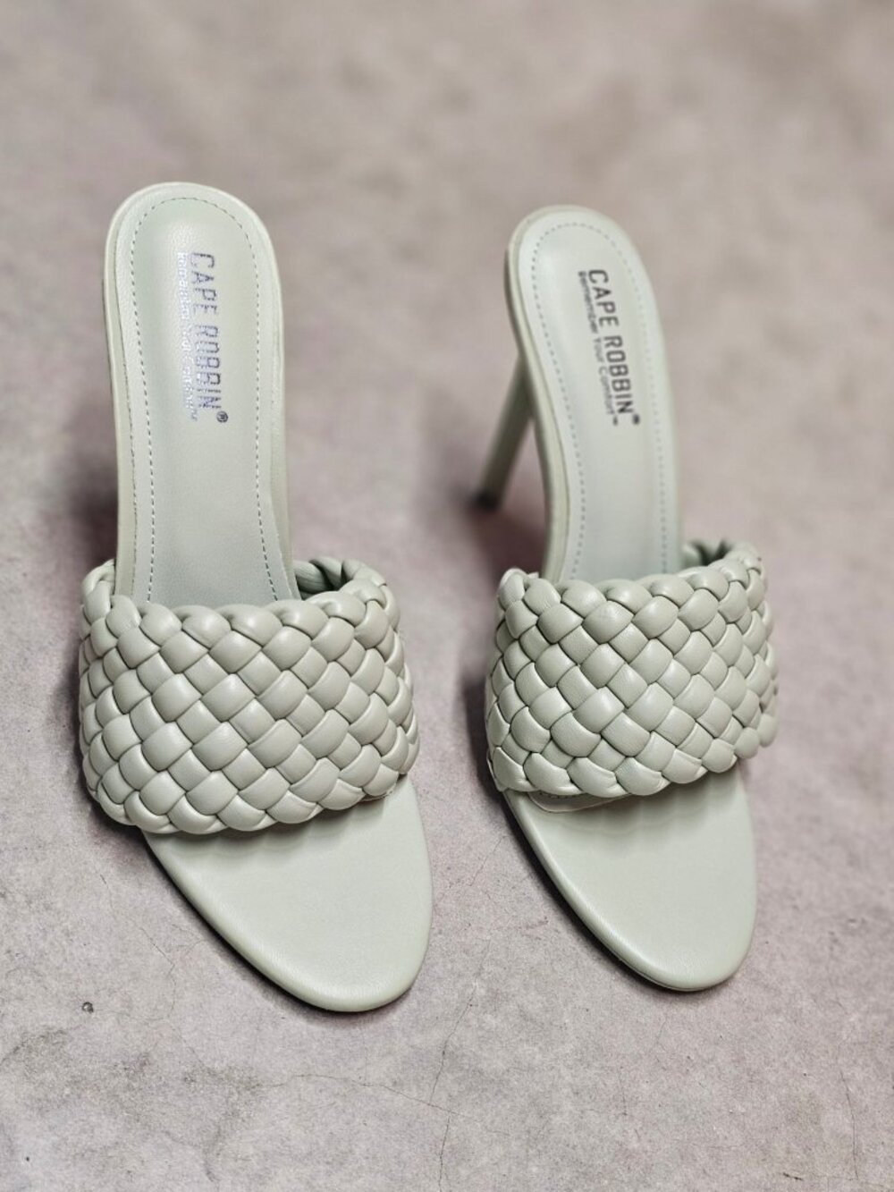 Woven Sage Green High Heel Mules With Padded Straps - Elegant Slip-On Design For